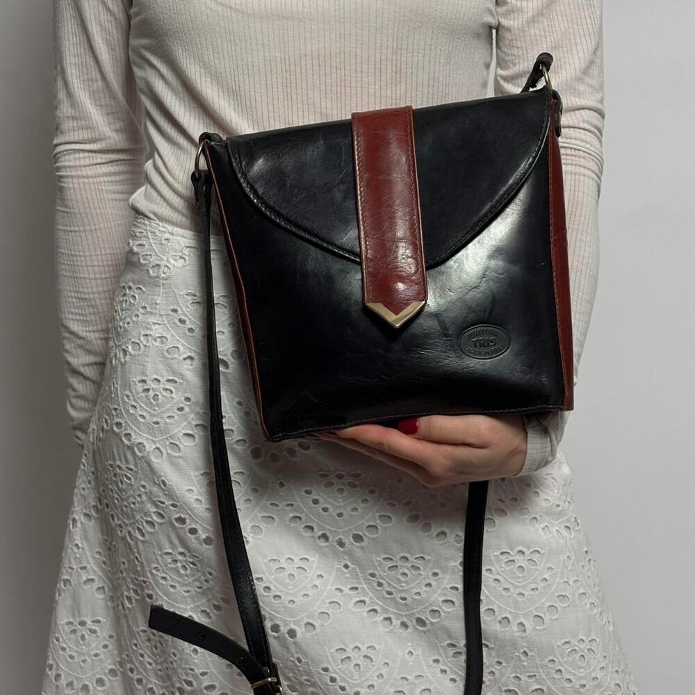 Vintage PELLETTERIE TRIS Italian Leather Crossbody - Black/Brown - Picture 3 of 6